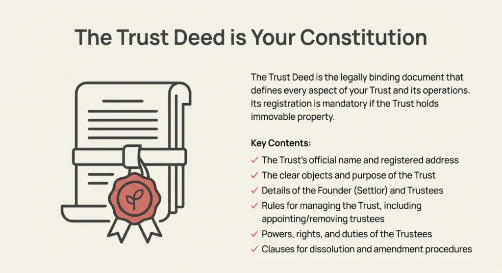 The trust deed can be amended if the original document includes a specific clause. Any major amendments must follow fresh registration formalities depending on specific state laws. You must inform the registrar and update your records to maintain compliance.